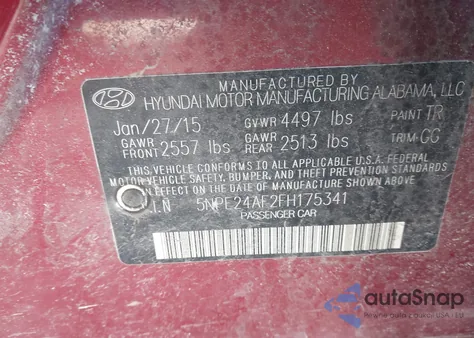 2015 Hyundai Sonata Se из США, поврежденный, VIN 5NPE24AF2FH175341